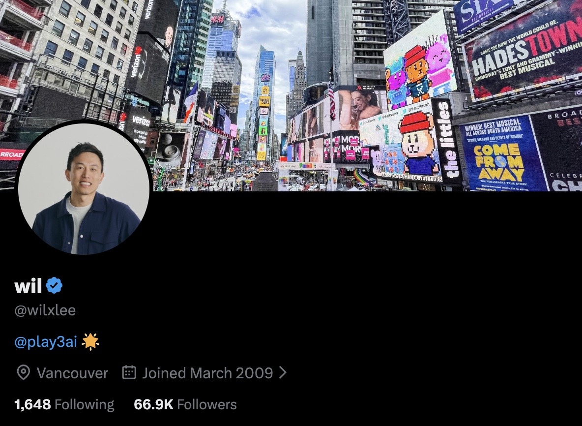 @wilxlee on X — 66.9K followers, banner is the littles Times Square billboard